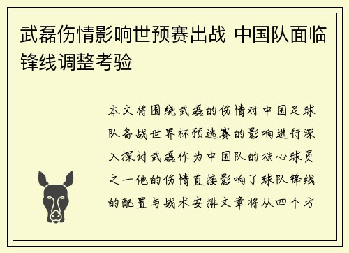 武磊伤情影响世预赛出战 中国队面临锋线调整考验 武磊伤情影响世预赛出战 中国队面临锋线调整考验